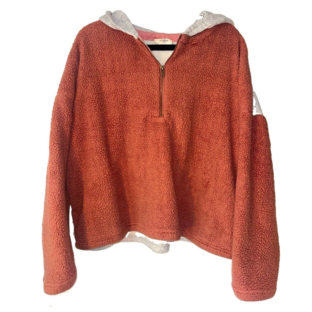 Umgee Women's L Colorblock Hooded 1/2 Zip Fleece Pullover Hoodie Brown Gray